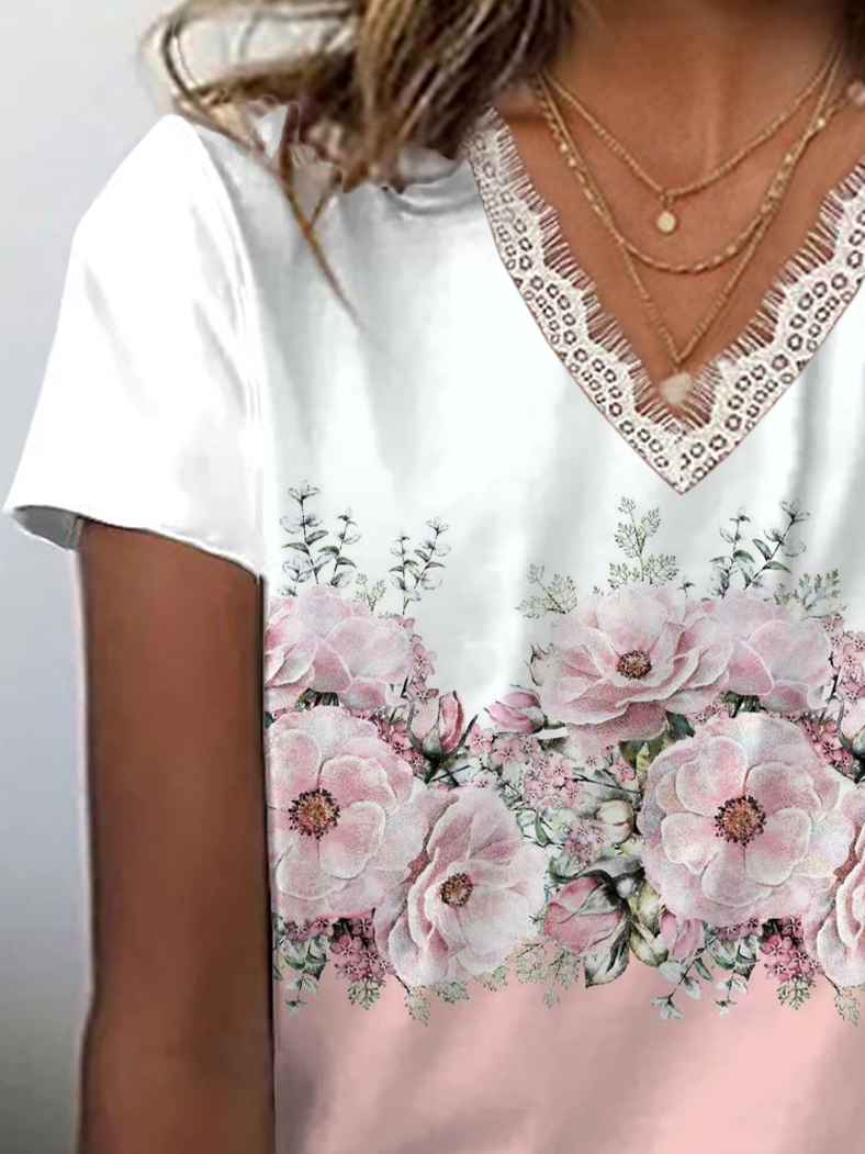 Lässig Geblümt V-Ausschnitt Kurzarm T-Shirt