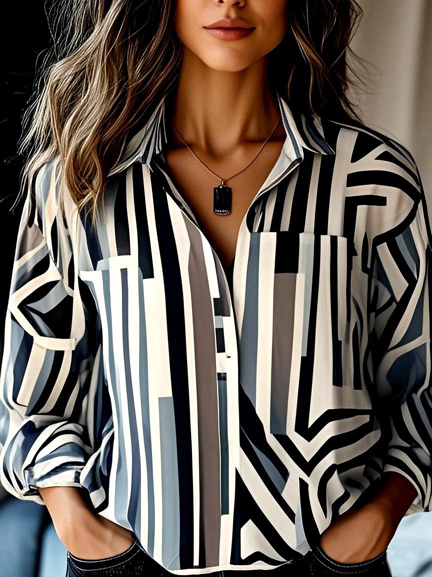 Hemdkragen Langarm Geometrisch Regelmäßig Mikroelastizität Regelmäßige Passform Bluse für Damen