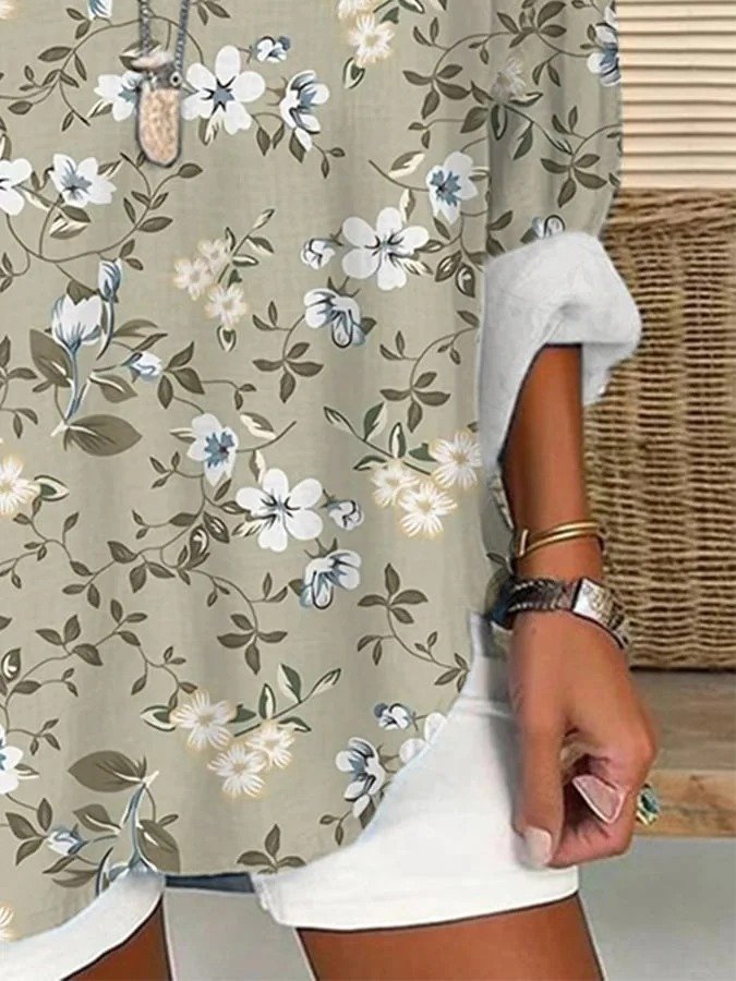 Schalkragen Halbarm Geblümt Regelmäßig Weit Bluse für Damen