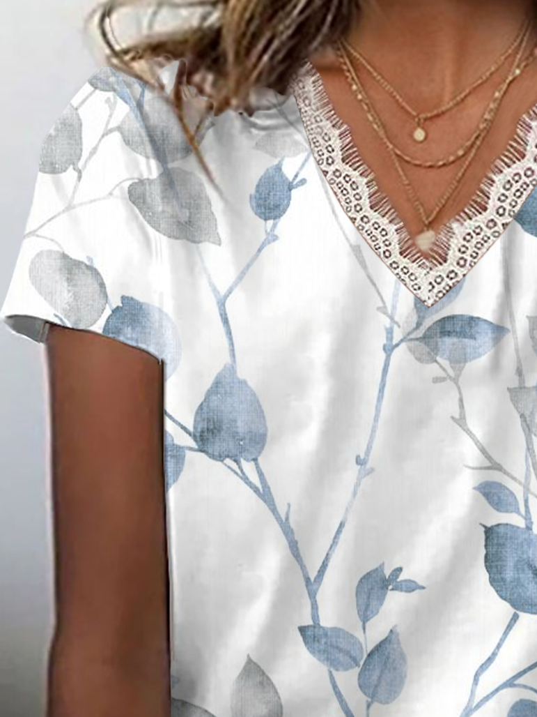 Lässig Geblümt V-Ausschnitt Kurzarm T-Shirt