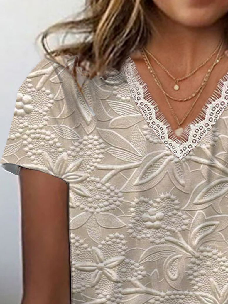 Lässig Geblümt V-Ausschnitt Kurzarm T-Shirt
