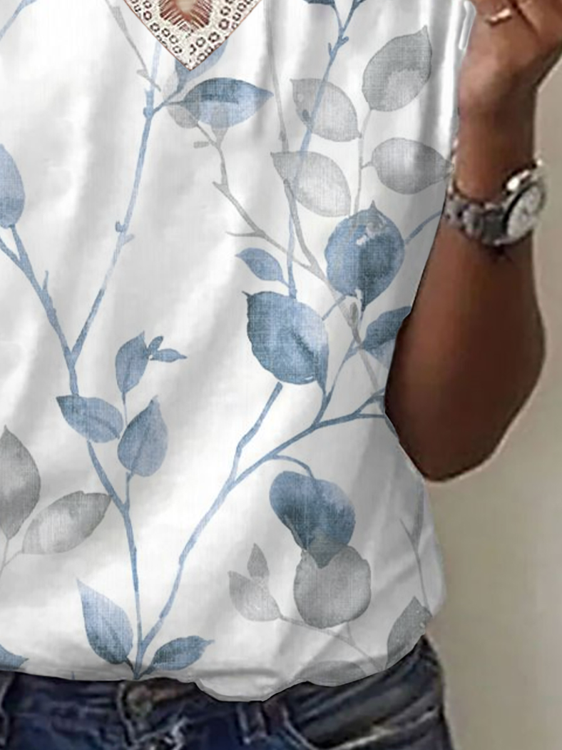 Lässig Geblümt V-Ausschnitt Kurzarm T-Shirt