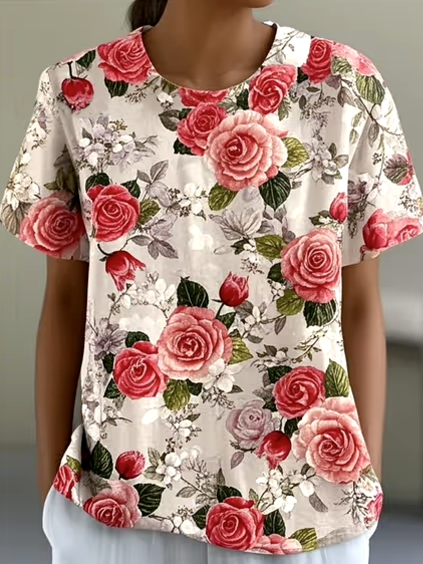 Lässig Geblümt Rundhals Kurzarm T-Shirt