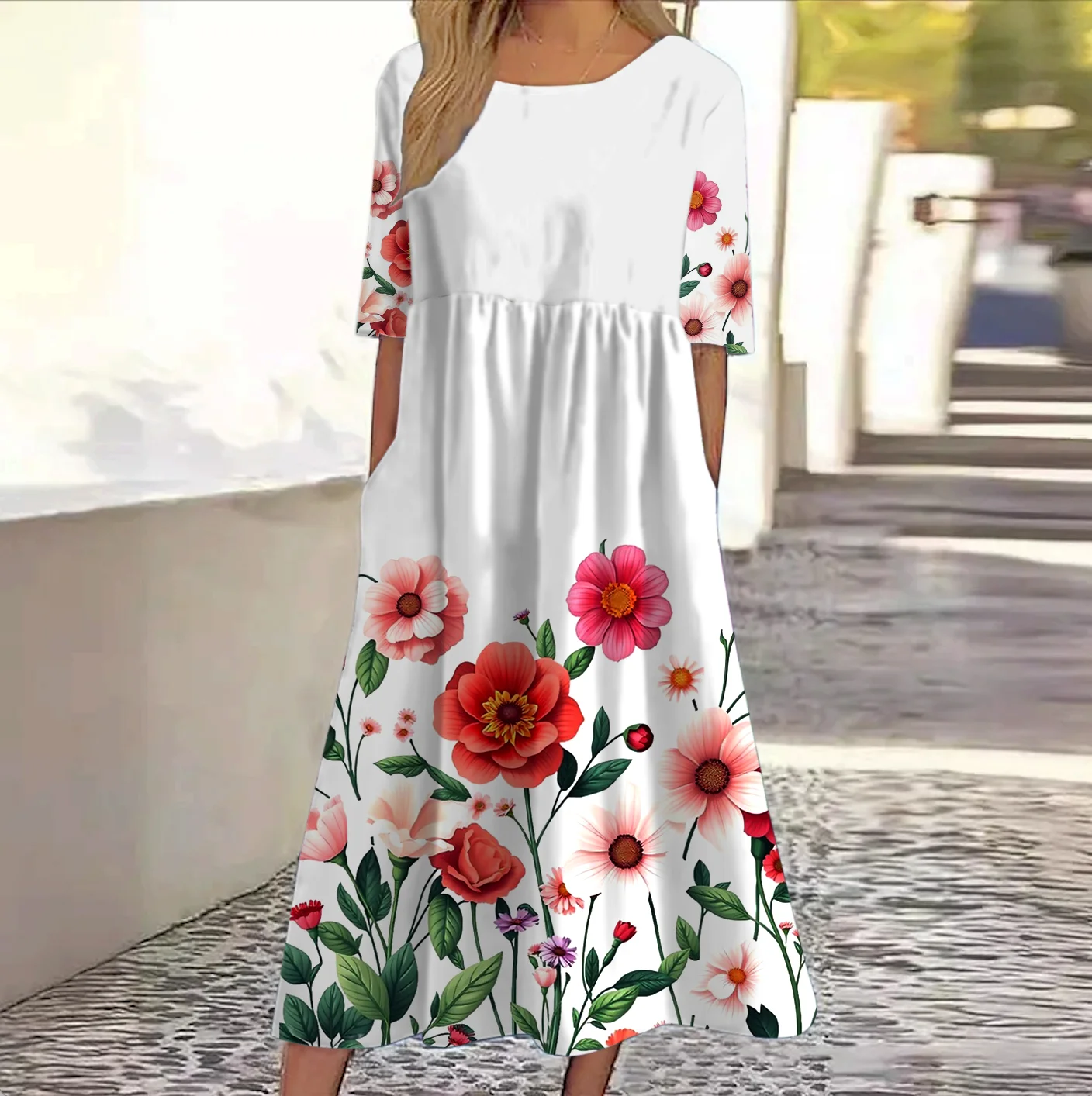 Damen Geblümt Rundhals Kurzarm Bequem Lässig Maxikleid