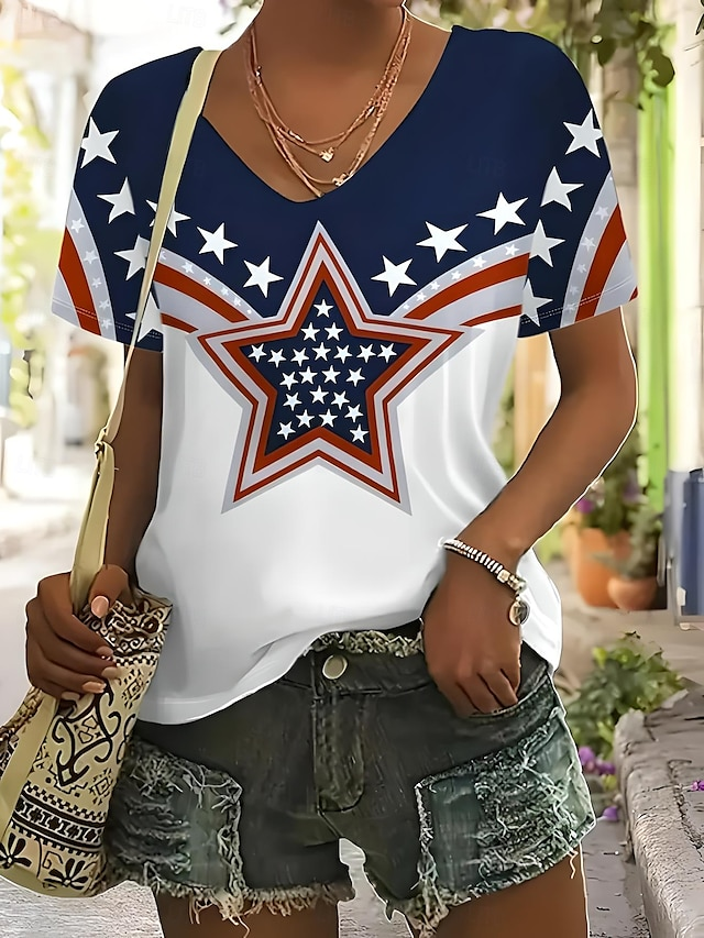 Lässig Amerika-Flagge V-Ausschnitt Kurzarm T-Shirt