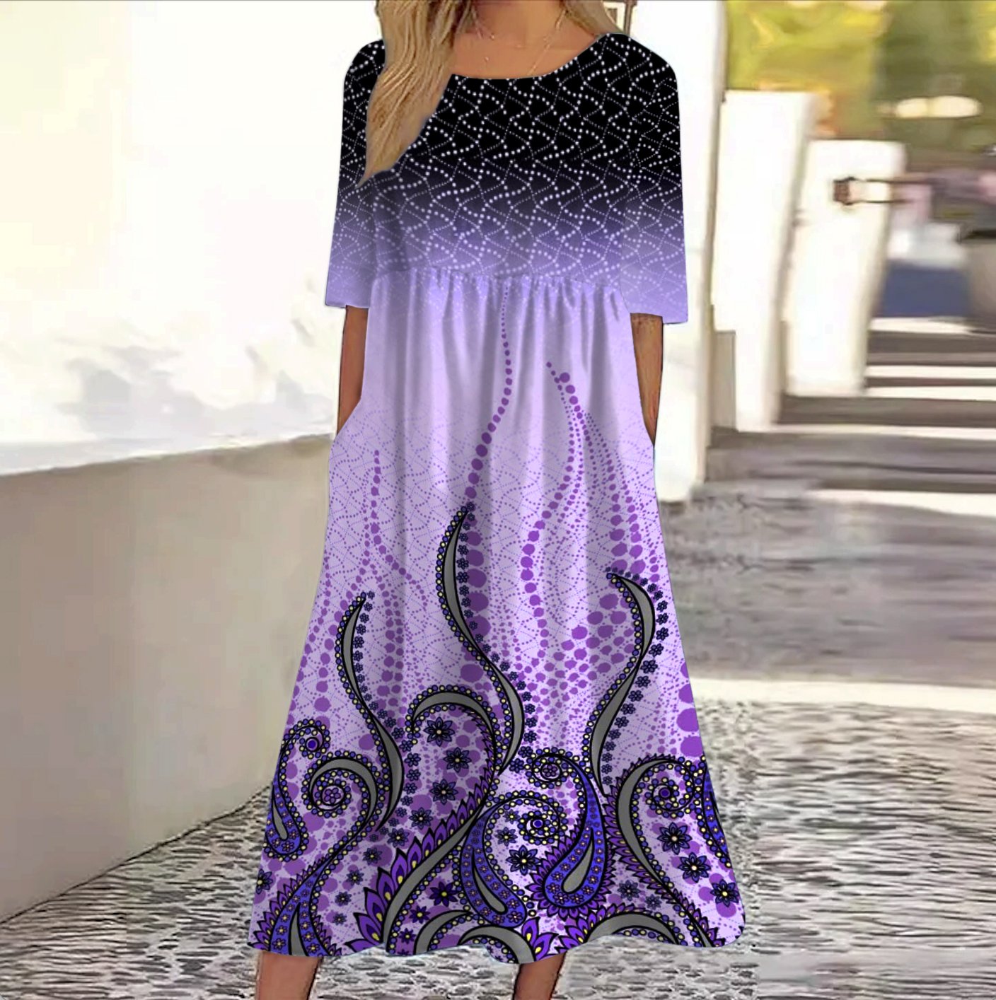 Damen Geblümt Rundhals Kurzarm Bequem Lässig Maxikleid