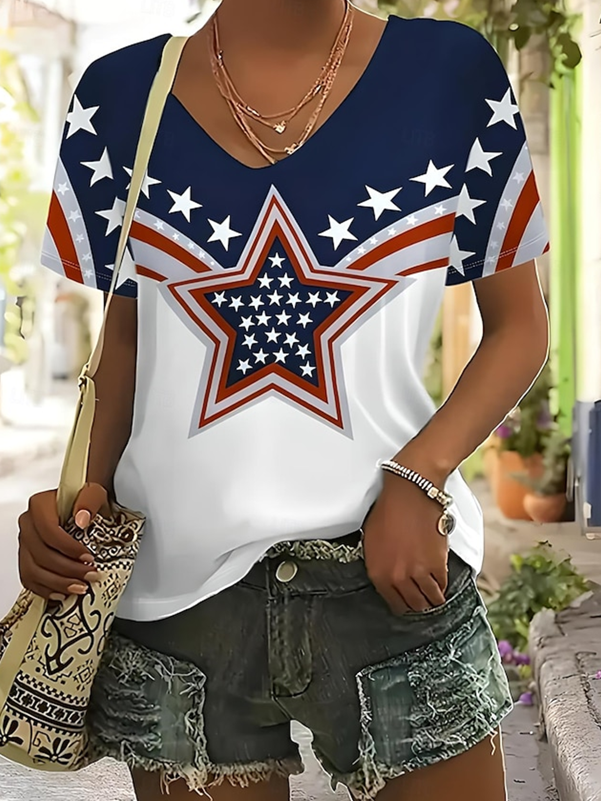 Lässig Amerika-Flagge V-Ausschnitt Kurzarm T-Shirt