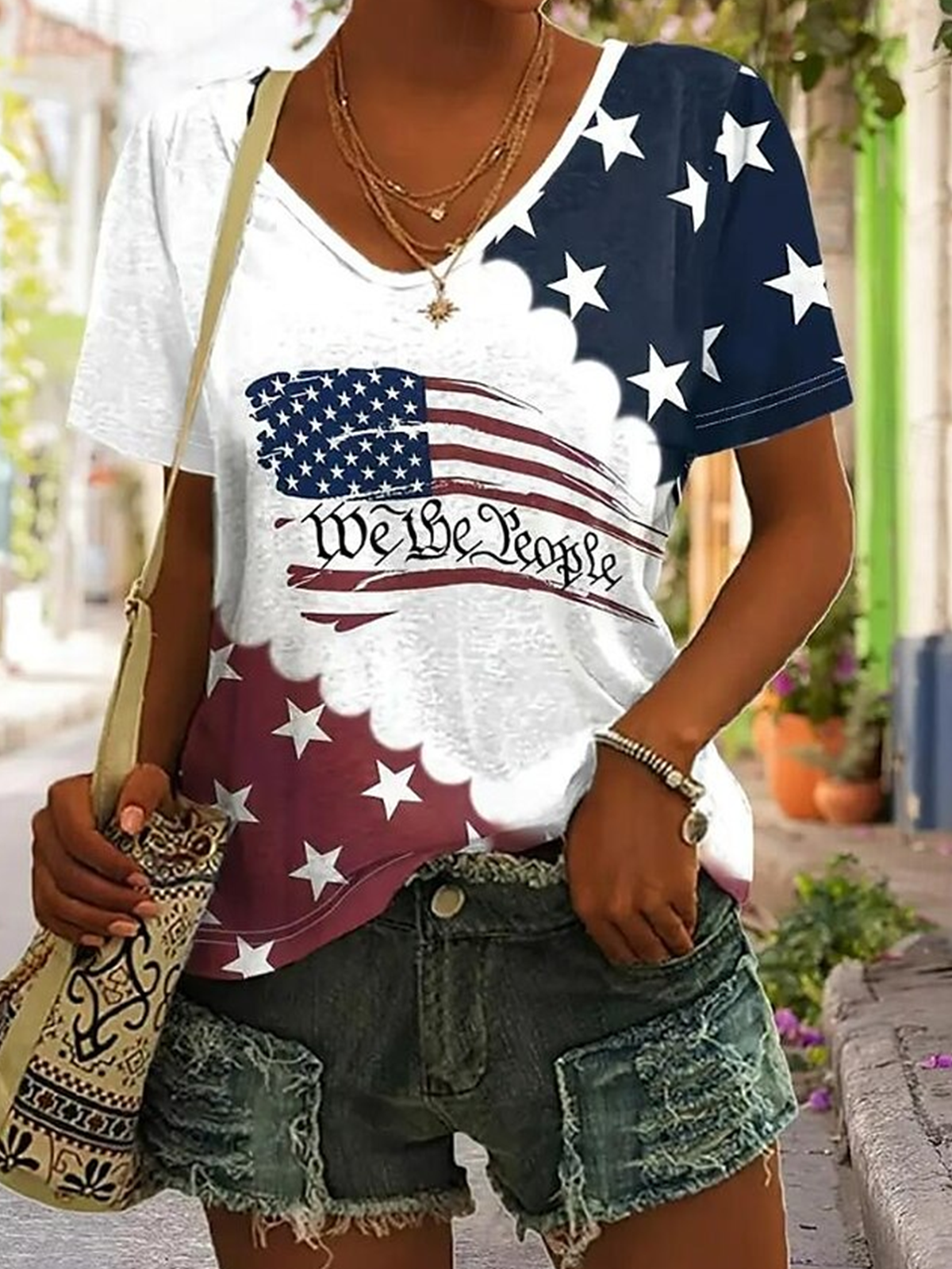 Lässig Amerika-Flagge V-Ausschnitt Kurzarm T-Shirt
