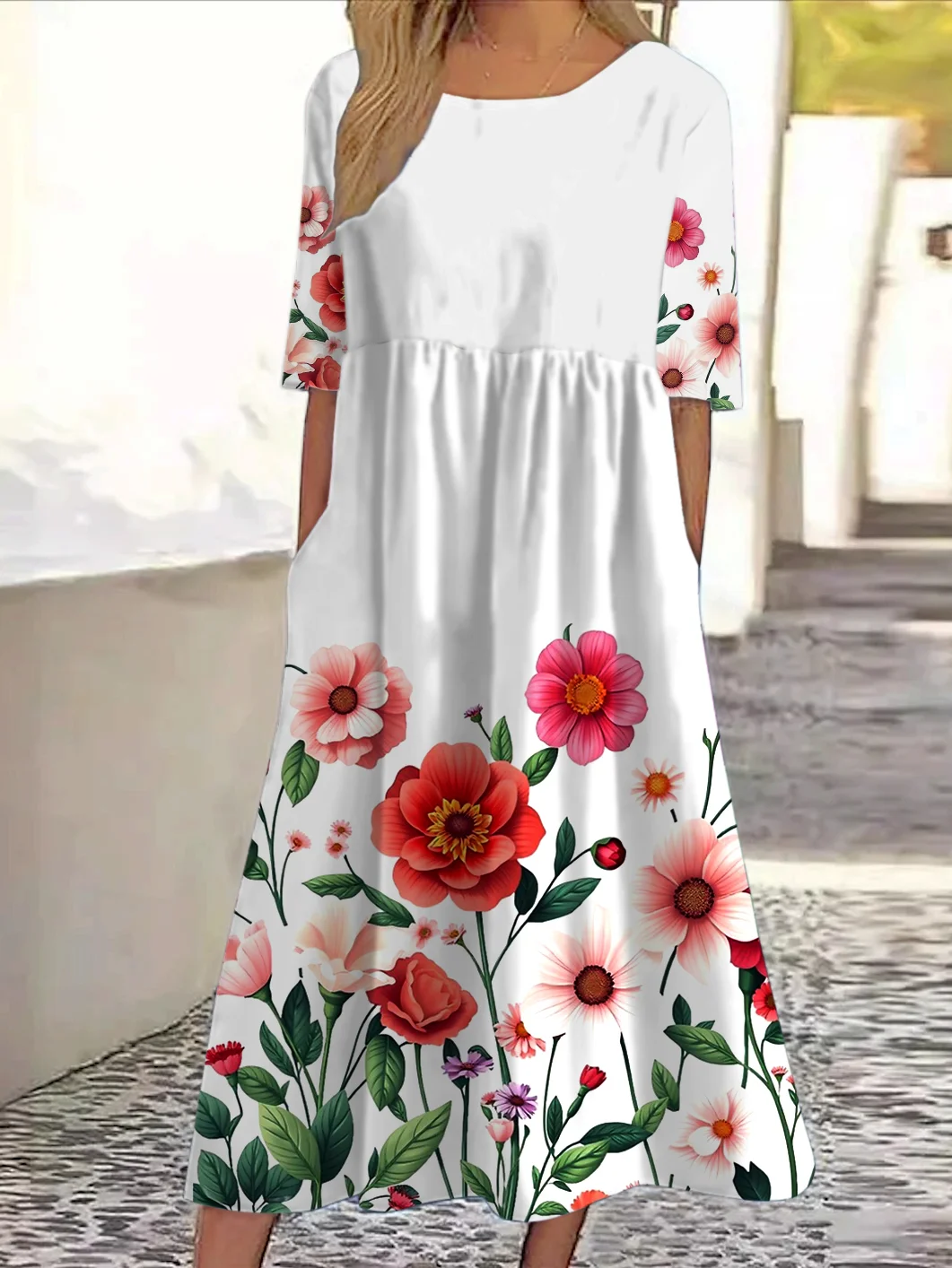 Damen Geblümt Rundhals Kurzarm Bequem Lässig Maxikleid