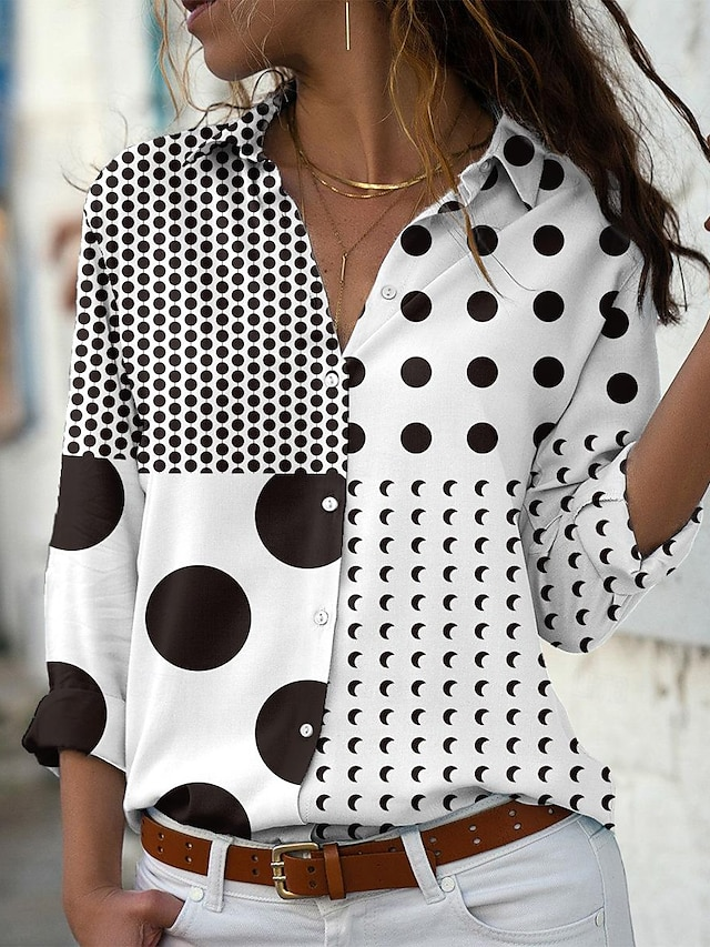 Hemdkragen Langarm Polka Dots Regelmäßig Mikroelastizität Regelmäßige Passform Bluse für Damen