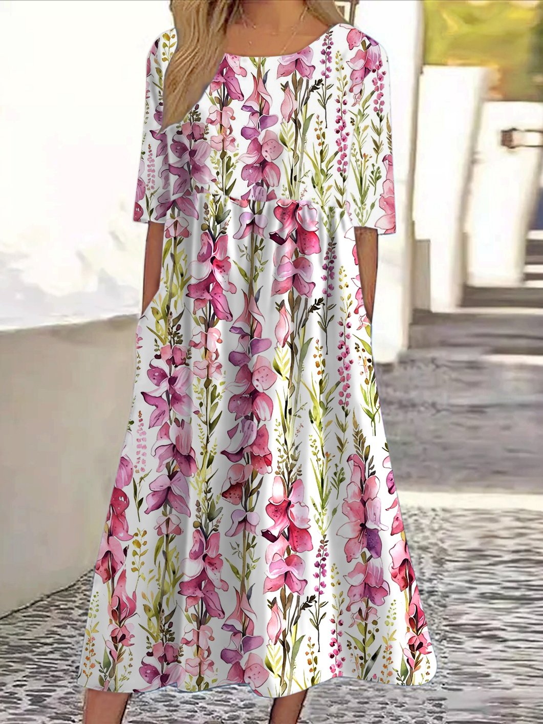 Damen Geblümt Rundhals Kurzarm Bequem Lässig Maxikleid