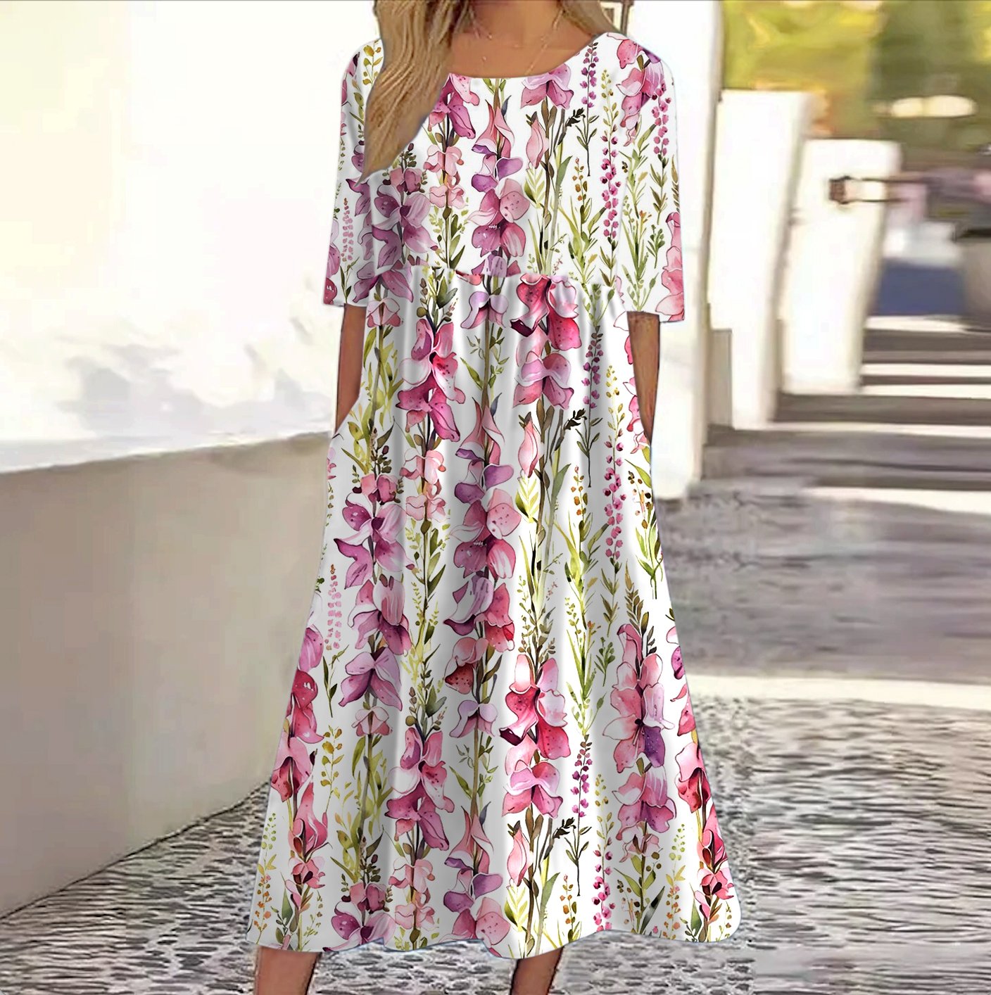 Damen Geblümt Rundhals Kurzarm Bequem Lässig Maxikleid