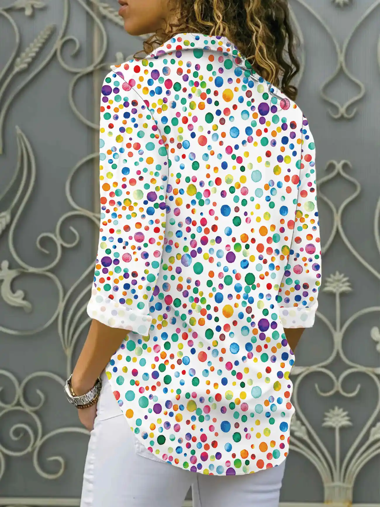 Hemdkragen Langarm Polka Dots Regelmäßig Mikroelastizität Regelmäßige Passform Bluse für Damen