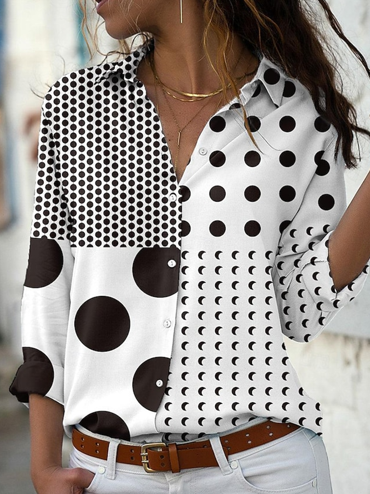 Hemdkragen Langarm Polka Dots Regelmäßig Mikroelastizität Regelmäßige Passform Bluse für Damen