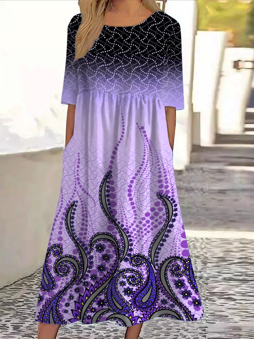 Damen Geblümt Rundhals Kurzarm Bequem Lässig Maxikleid