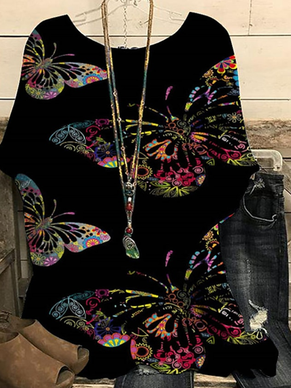 Retro Schmetterling Rundhals Dreiviertelärmel T-Shirt