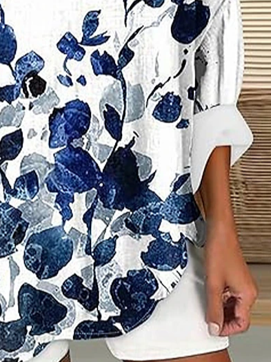 V-Ausschnitt Langarm Geblümt Print Regelmäßig Weit Bluse für Damen
