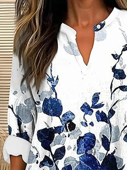 V-Ausschnitt Langarm Geblümt Print Regelmäßig Weit Bluse für Damen