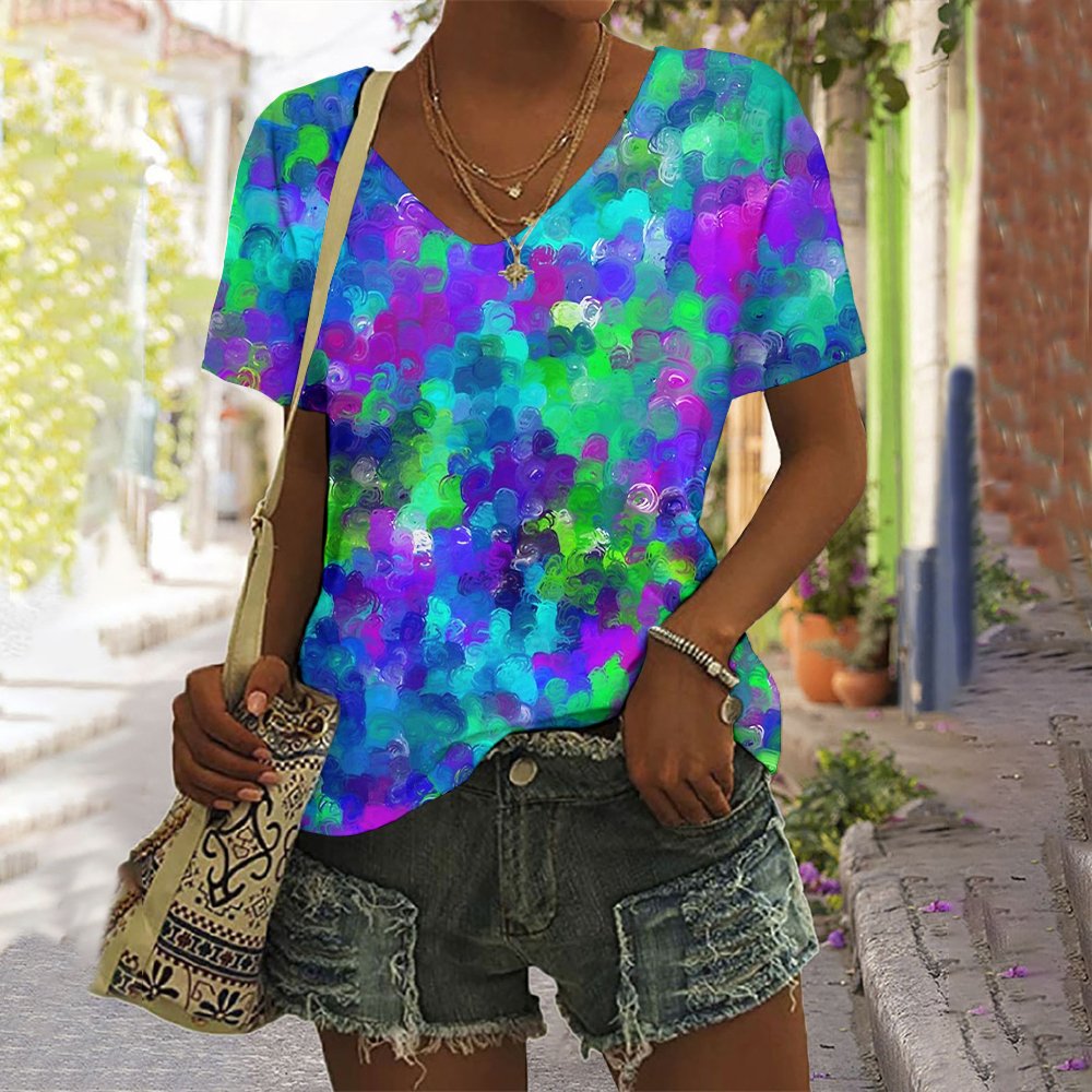 Lässig Geblümt V-Ausschnitt Kurzarm T-Shirt