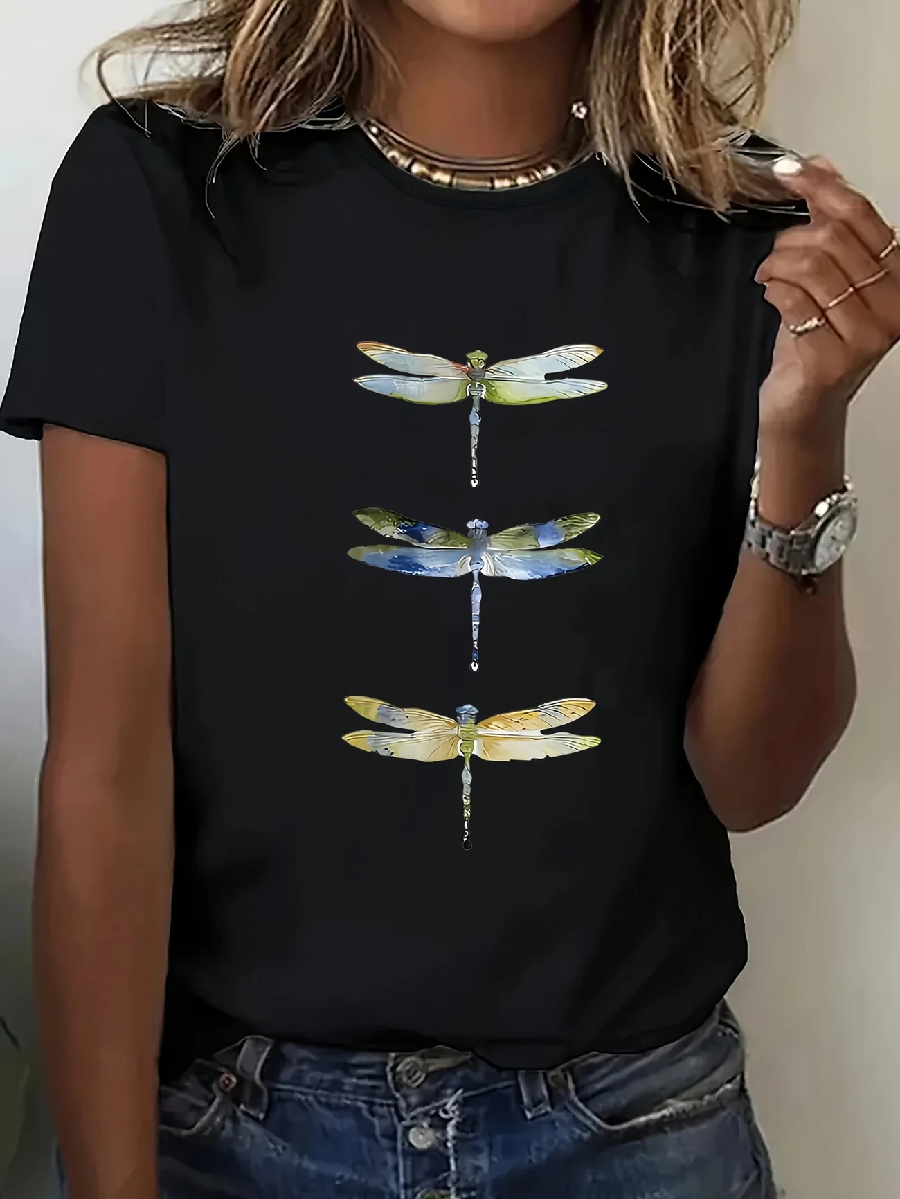 Lässig Libelle Rundhals Kurzarm T-Shirt
