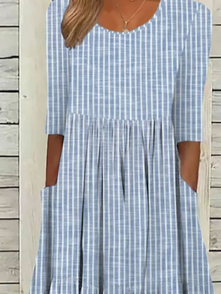Damen Gestreift Rundhals Kurzarm Bequem Lässig Print Maxikleid