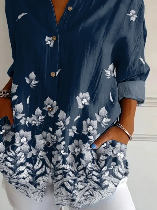 Hemdkragen Langarm Geblümt Schnalle Regelmäßig Weit Knopfhemd Bluse für Damen