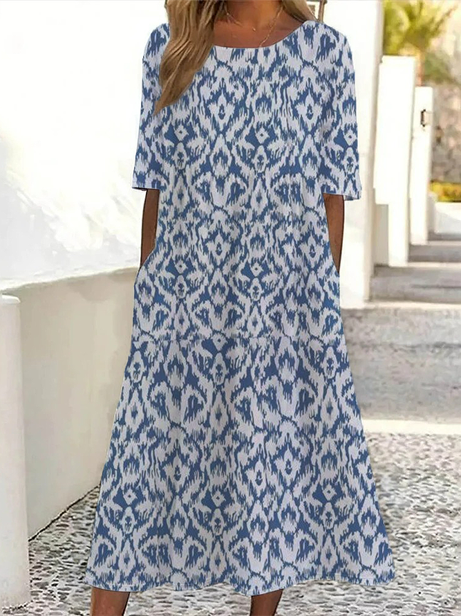 Damen Geblümt Rundhals Kurzarm Bequem Lässig Print Maxikleid