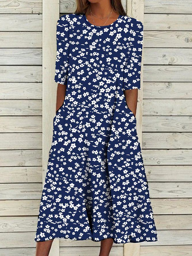 Damen Geblümt Rundhals Kurzarm Bequem Lässig Print Maxikleid