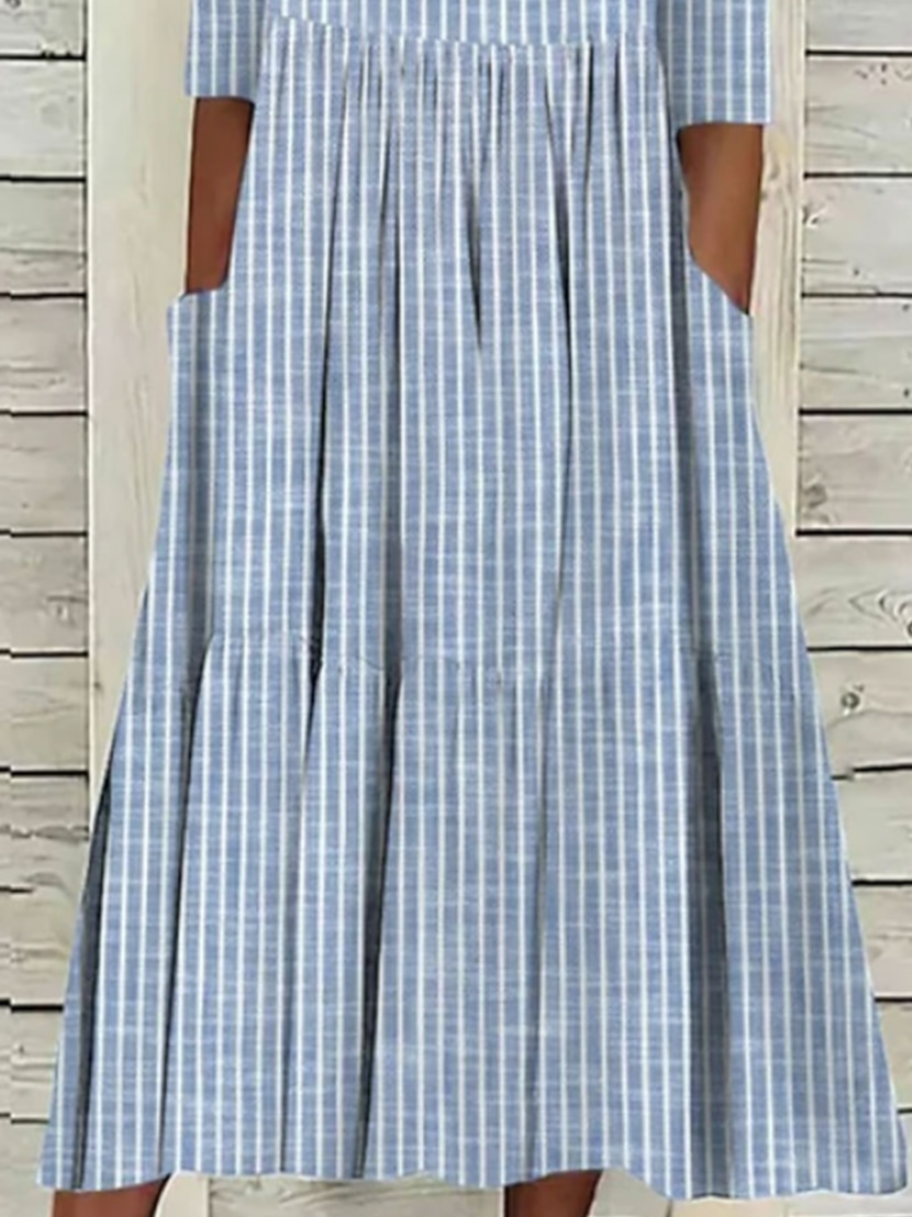 Damen Gestreift Rundhals Kurzarm Bequem Lässig Print Maxikleid