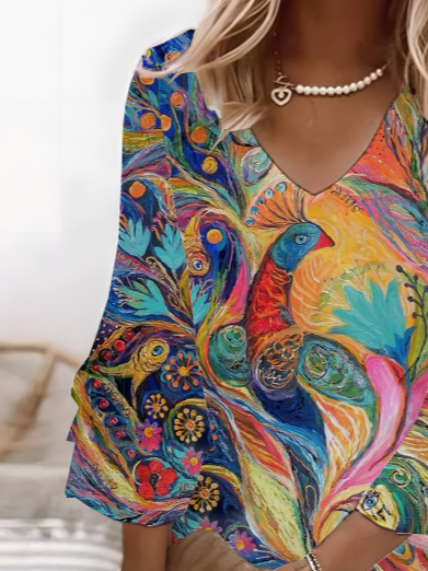 Damen Phönix V-Ausschnitt Halbarm Bequem Lässig Print Midikleid