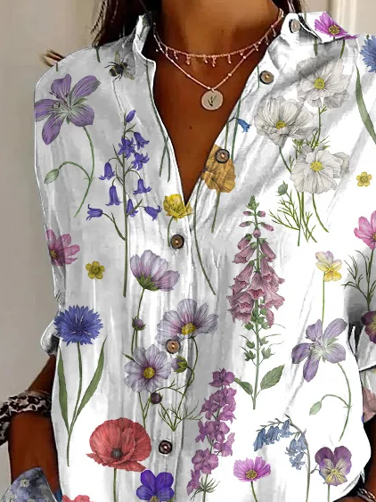Hemdkragen Langarm Geblümt Schnalle Regelmäßig Weit Knopfhemd Bluse für Damen