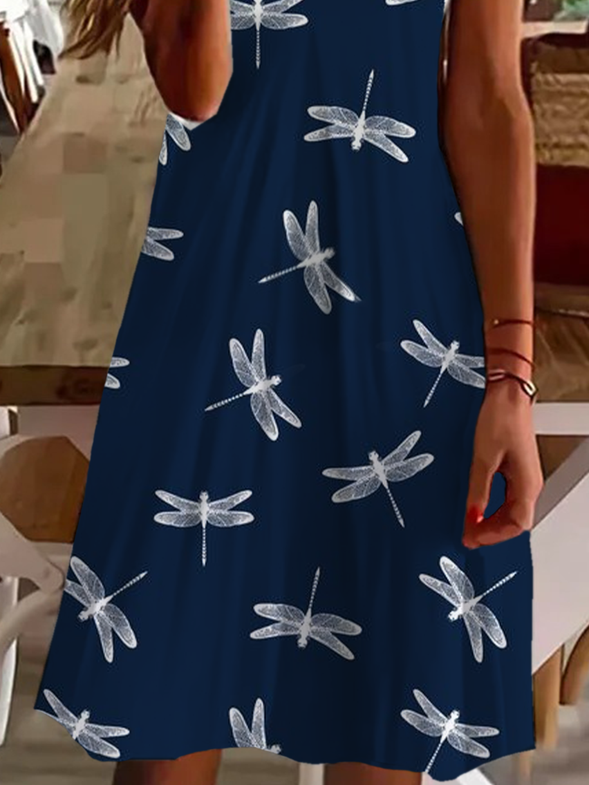 Damen Libelle Sommer Print Kleid V-Ausschnitt Kurzarm Passen & Flare Kleid A-Linien-Kleid
