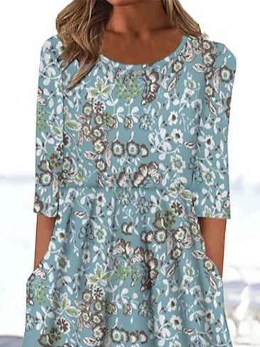 Damen Geblümt Rundhals Halbarm Bequem Lässig Print Maxikleid