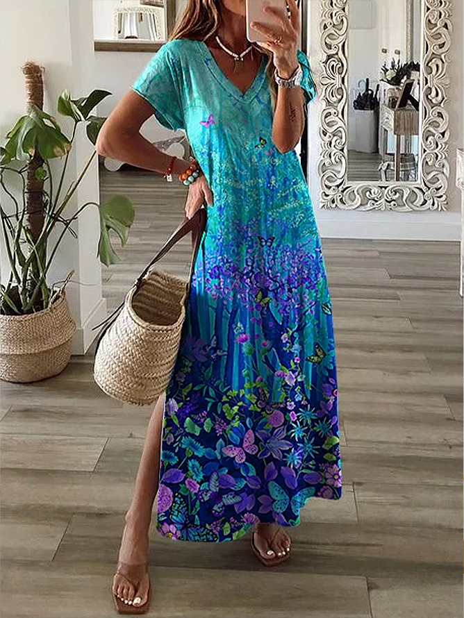 Damen Geblümt V-Ausschnitt Kurzarm Bequem Lässig Print Maxikleid