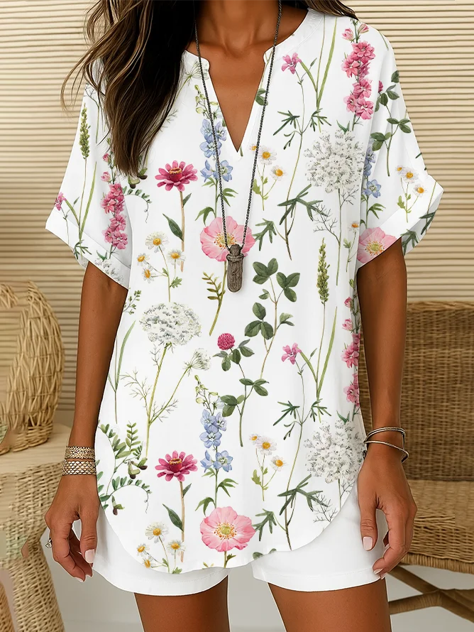 V-Ausschnitt Kurzarm Geblümt Print Regelmäßig Weit Bluse für Damen