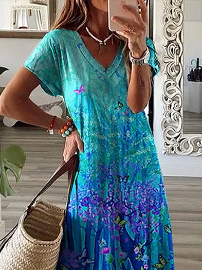 Damen Geblümt V-Ausschnitt Kurzarm Bequem Lässig Print Maxikleid