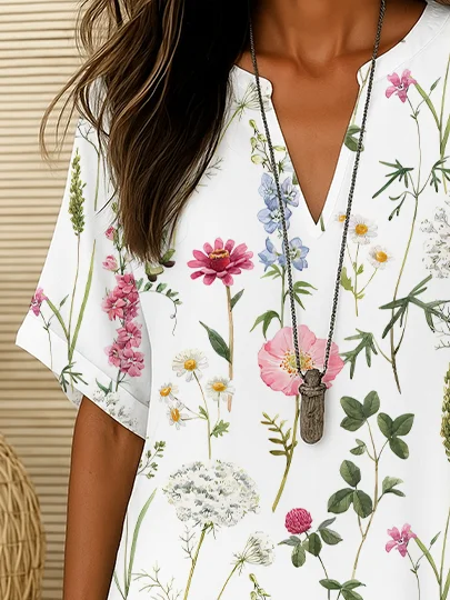 V-Ausschnitt Kurzarm Geblümt Print Regelmäßig Weit Bluse für Damen