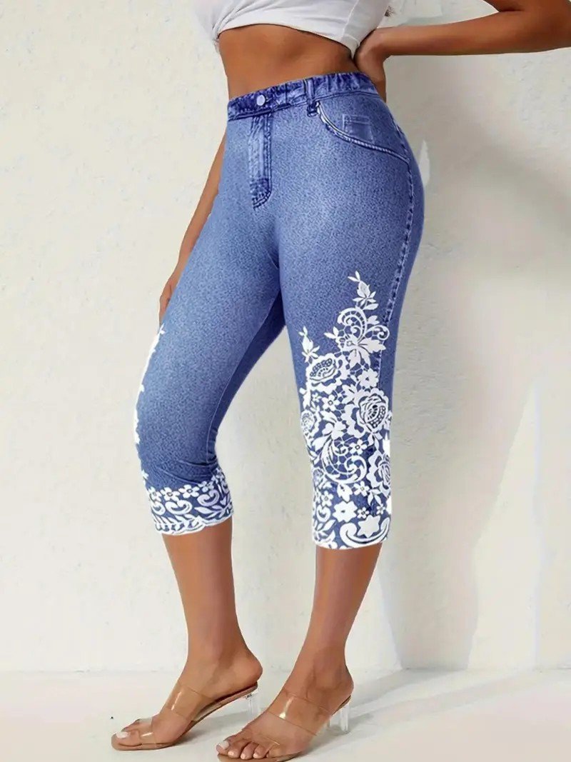 Lässig 3d Drucken Caprihosen Elastische Taille Hose