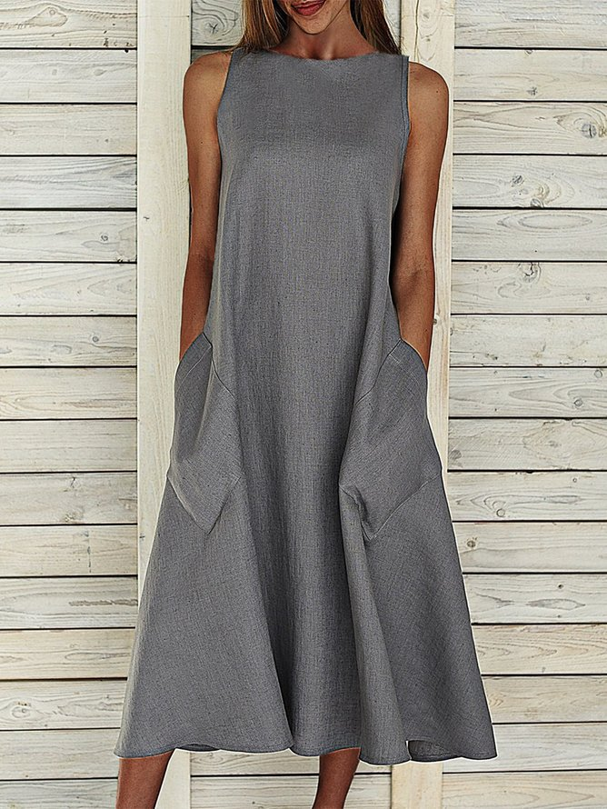 Damen Unifarben Rundhals Ärmellos Bequem Lässig Print Maxikleid