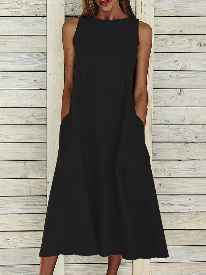 Damen Unifarben Rundhals Ärmellos Bequem Lässig Print Maxikleid