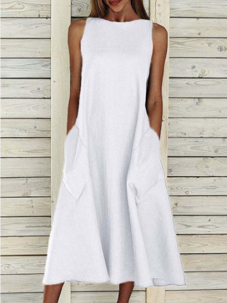 Damen Unifarben Rundhals Ärmellos Bequem Lässig Print Maxikleid