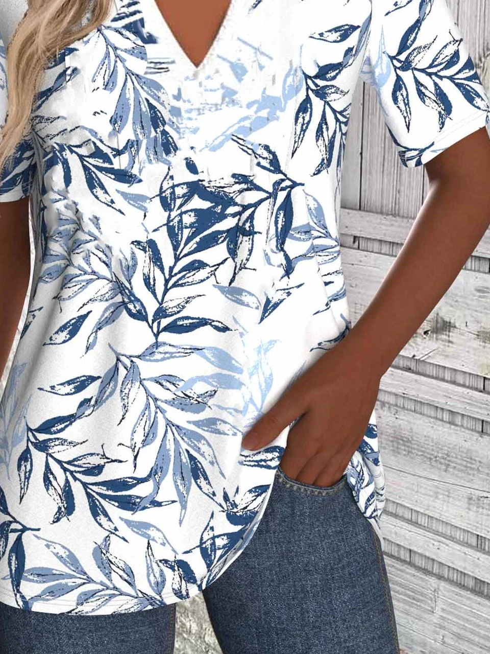 Lässig Geblümt V-Ausschnitt Kurzarm T-Shirt