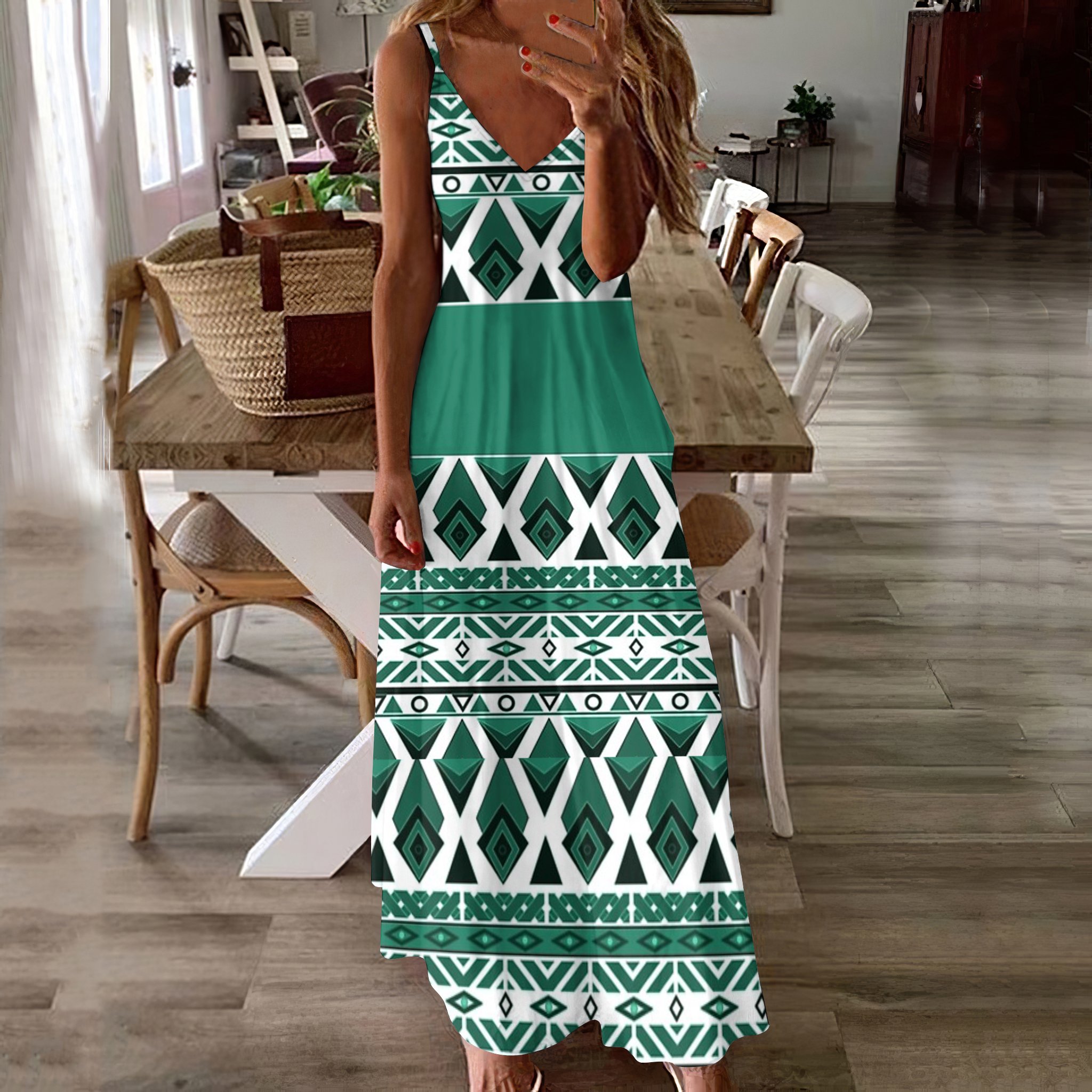 Damen Geometrisch V-Ausschnitt Ärmellos Bequem Lässig Maxikleid