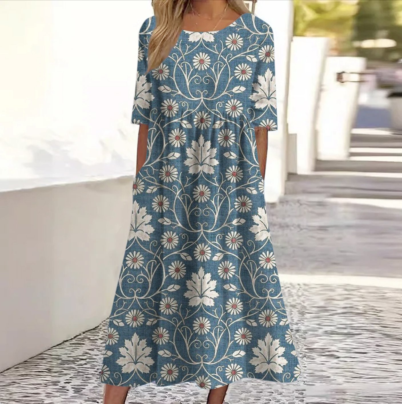 Damen Geblümt Rundhals Kurzarm Bequem Lässig Maxikleid