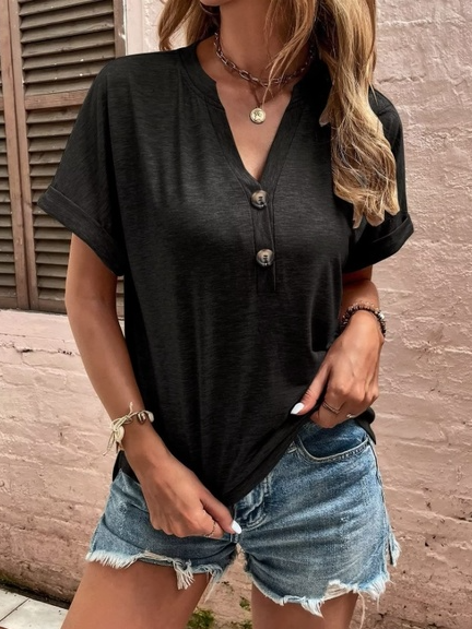 Lässig Unifarben V-Ausschnitt Kurzarm T-Shirt