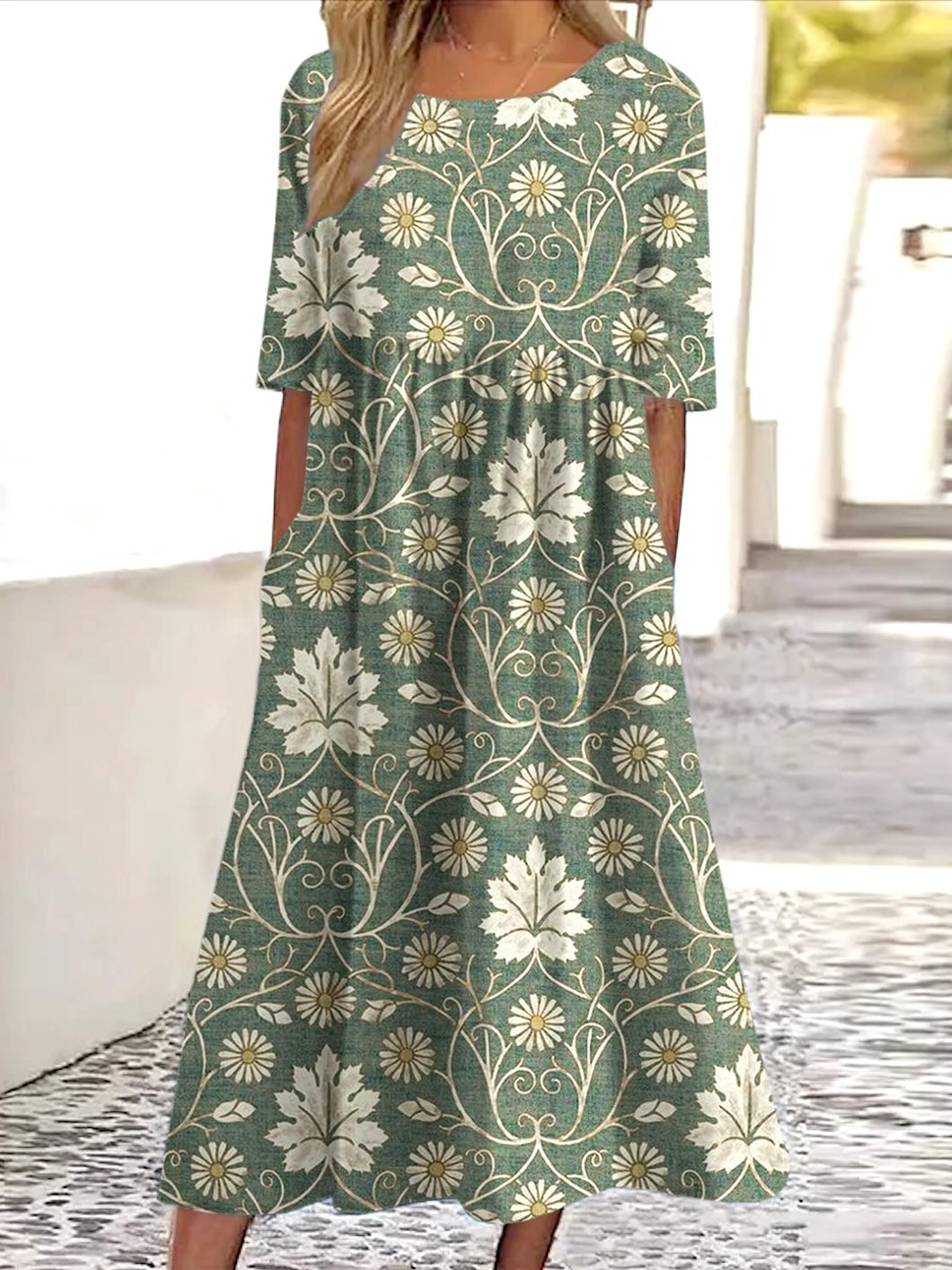 Damen Geblümt Rundhals Kurzarm Bequem Lässig Maxikleid