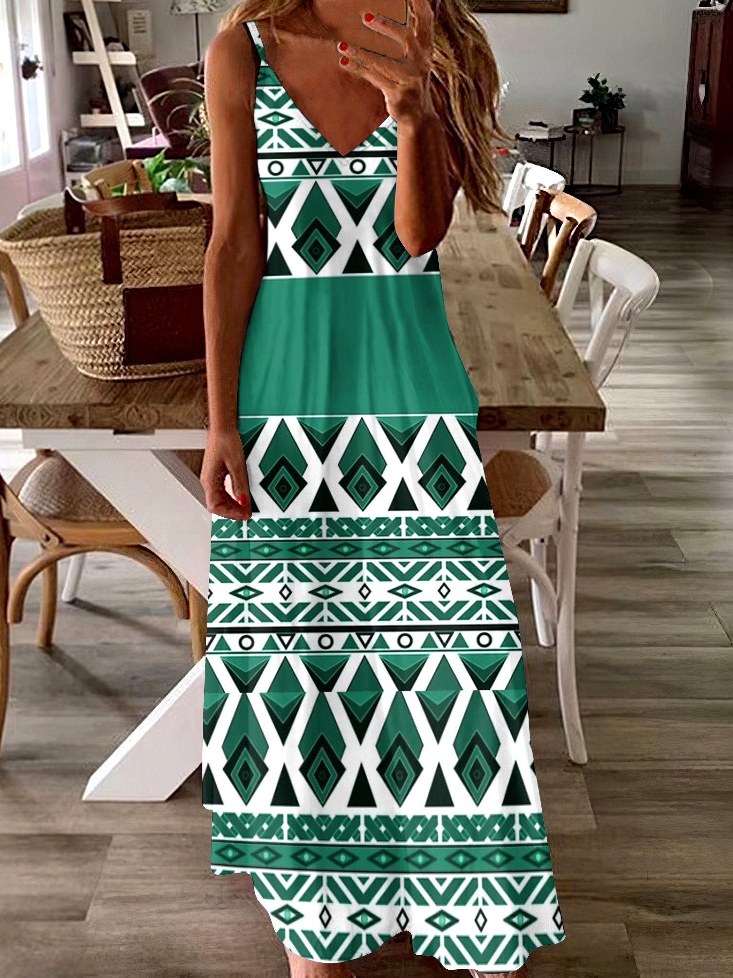 Damen Geometrisch V-Ausschnitt Ärmellos Bequem Lässig Maxikleid