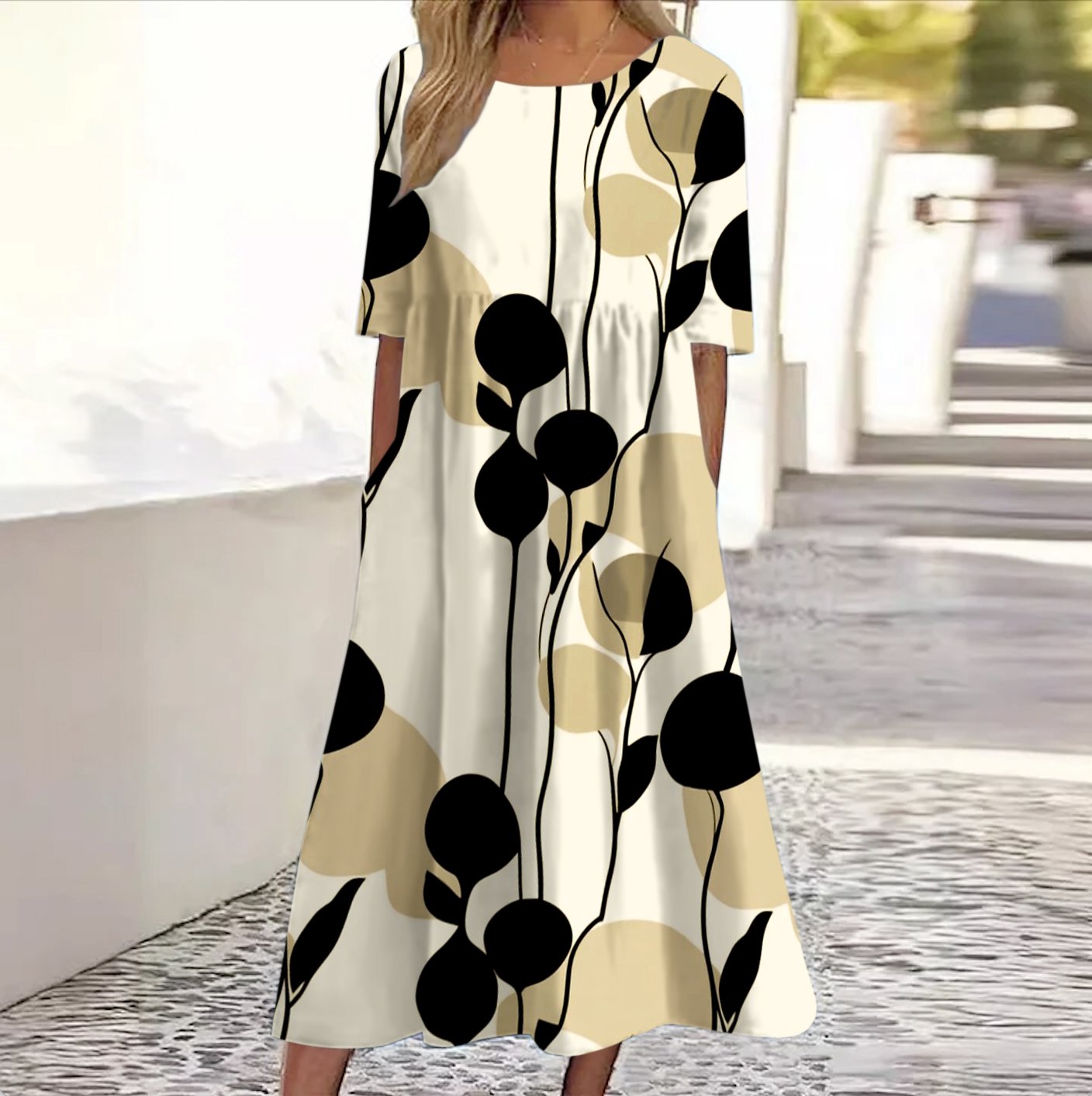 Damen Geblümt Rundhals Kurzarm Bequem Lässig Maxikleid