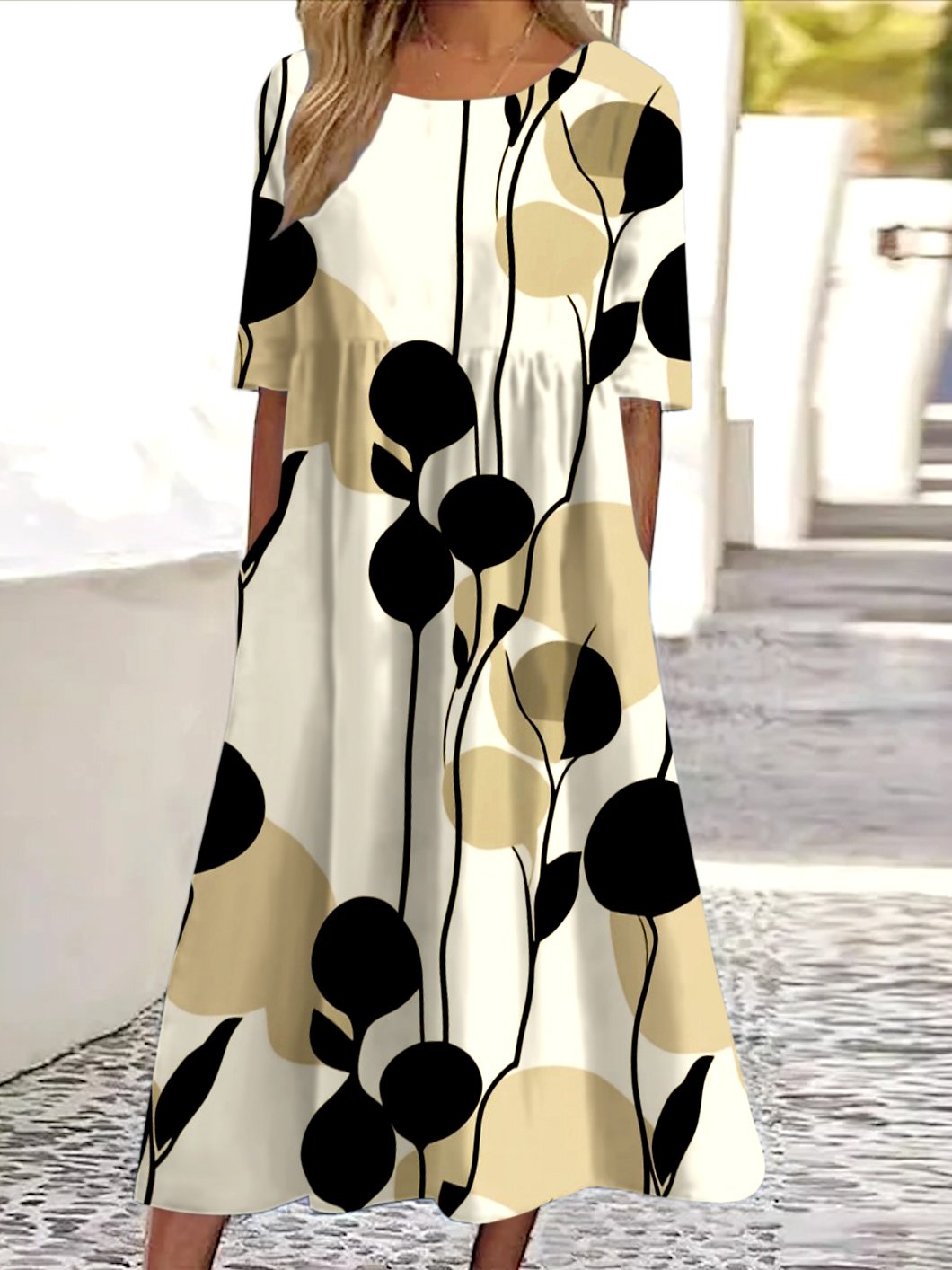 Damen Geblümt Rundhals Kurzarm Bequem Lässig Maxikleid