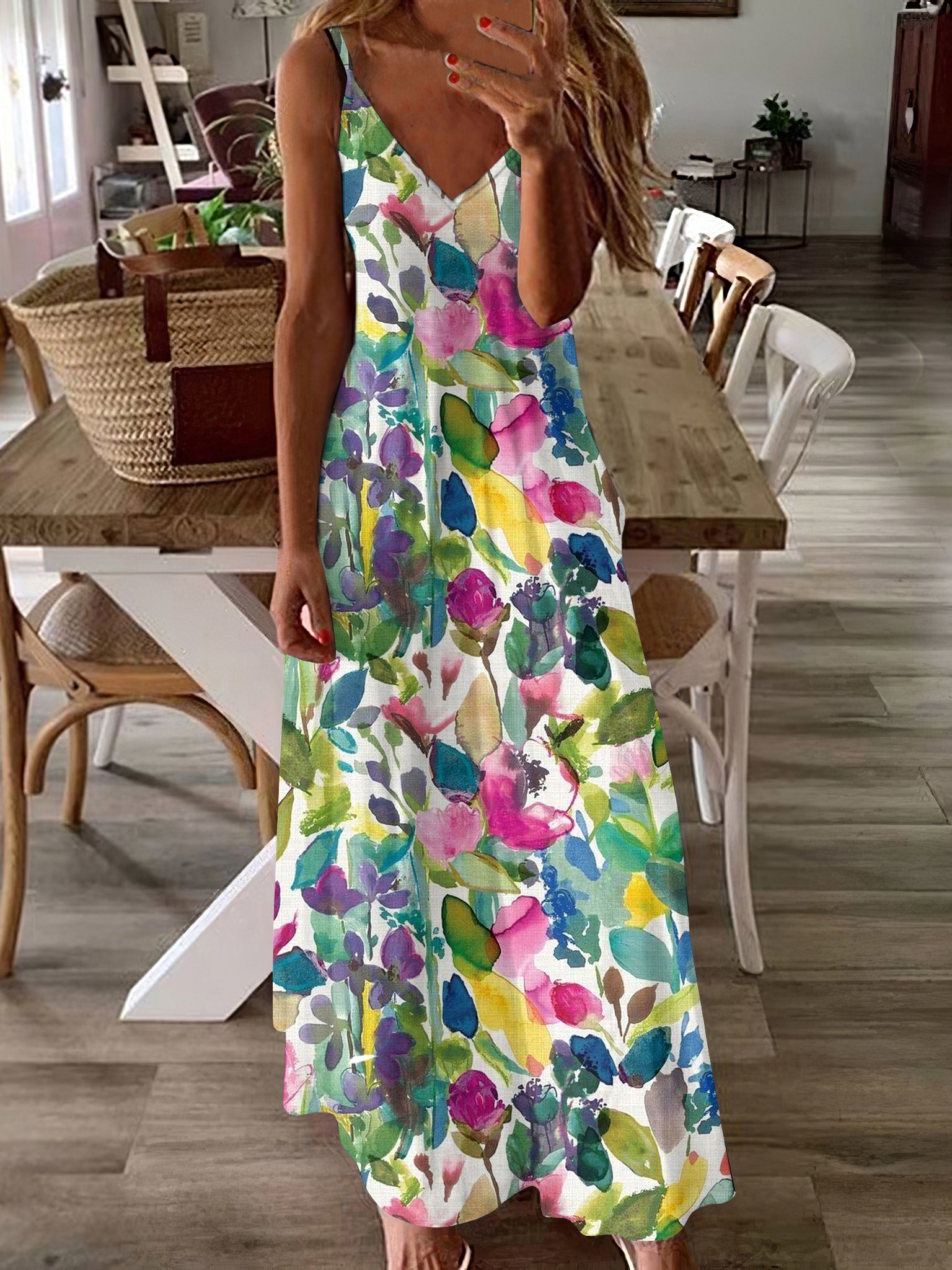 Damen Geblümt Spaghettiträger Ärmellos Bequem Lässig Maxikleid